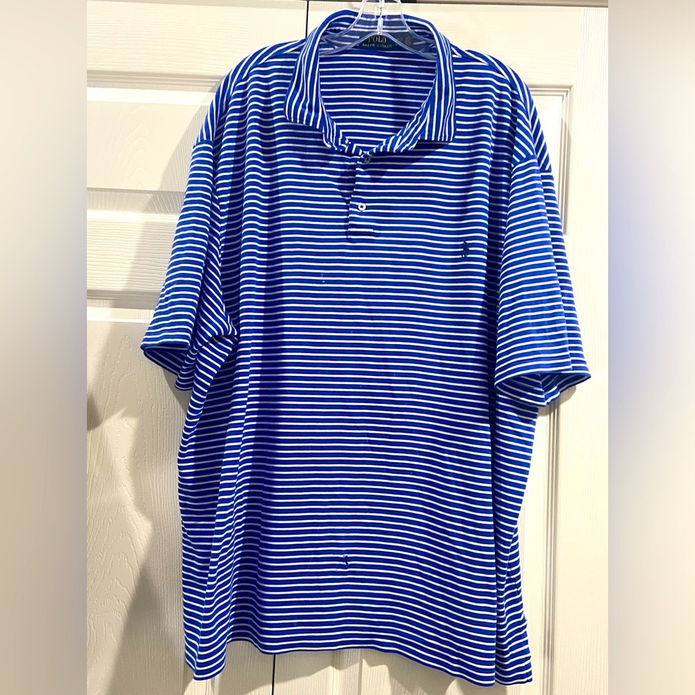 Polo Ralph Lauren Short Sleeve Men's Polo Shirt Blue Striped Sz 4XLT - Damaged